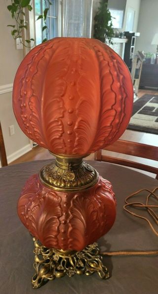 Antique Fostoria Red Beaded Acanthus Gone With The Wind Oil Lamp - Electrified