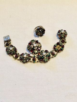Antique Austro Hungarian Sterling Silver Emerald Garnet Pearl Bracelet Ring Clip
