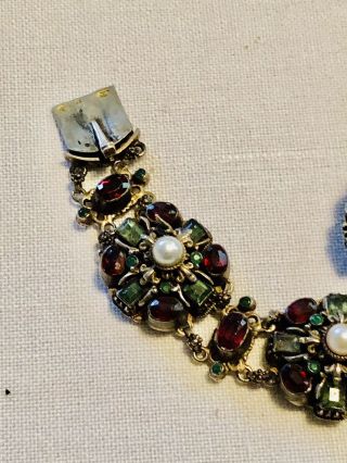 Antique Austro Hungarian Sterling Silver Emerald Garnet Pearl Bracelet Ring Clip 2