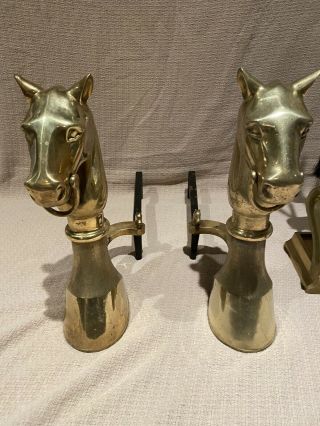 Pair Vintage Cast Iron And Brass Horse Equestrian Fireplace Andirons And Tools