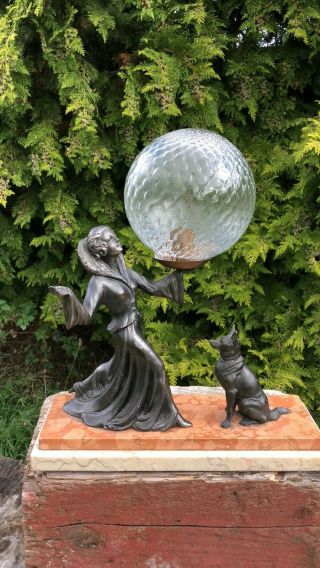 Vintage Art Deco French Spelter Lady And Dog Table Lamp Light
