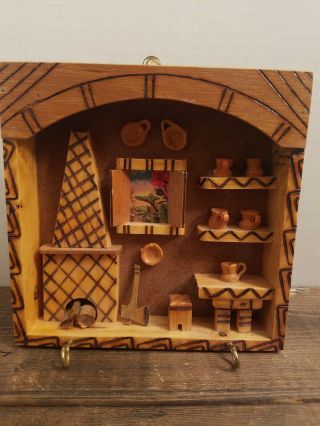 Vintage Handmade Wood 3d Rustic Folk Art Diorama Kitchen & Fireplace Scene