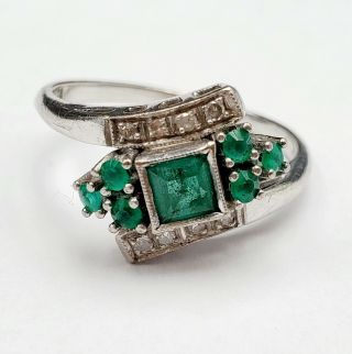 Vtg Elegant Art Deco 18k White Gold 4.  0mm Emerald & Diamond Ring Size 7.  25,  4g