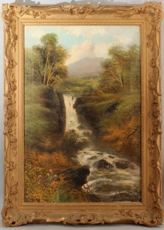 Large 19thc Antique G Hibbert American Waterfall Mountain Landscape Oil Painting