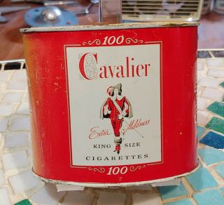 Vintage Antique Cavalier Cigarettes 100 Count King Size Tobacco Tin Can 50s Sign