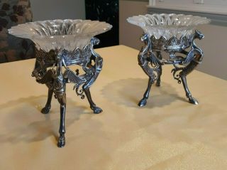 Antique Ornate Elkington Silver Plate Tazza Stands Griffin Hoof Feet Winged Lion
