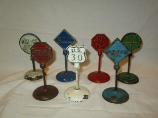 Antique Cast Iron Toy Arcade Street Signs Set Of Seven Round Base 1924 To 1936