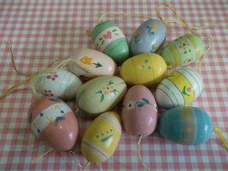 12 Vtg Wooden Easter Egg Ornaments Flowers Sweet Decorations Lovely