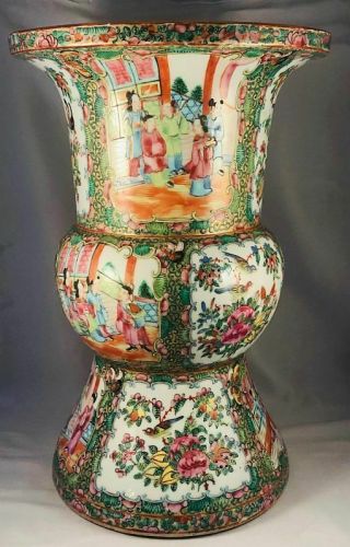 Fine Antique Chinese Export Temple Gu Ku Form Vase Famille Rose Mandarin 13 " N/r