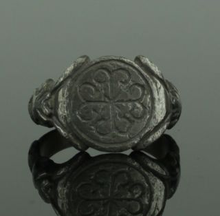 Ancient Early Medieval Silver Ring With Cross - Circa 12th C Ad (09)