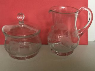 Vintage Clear Etched Glass Cream & Sugar Bowl With Lid Flower Design Creamer
