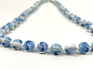 Vintage 1930’s Art Deco Era Blue Enamel Carved Celluloid Striped Bead Necklace