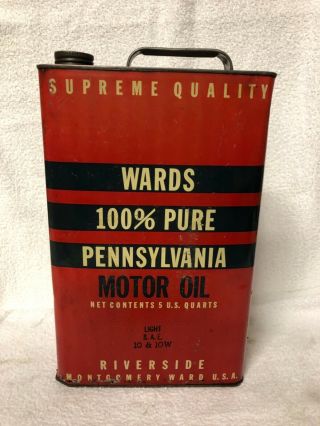 Vintage Wards Supreme Quality Motor Oil 5 Quart Metal Oil Can Montgomery Ward