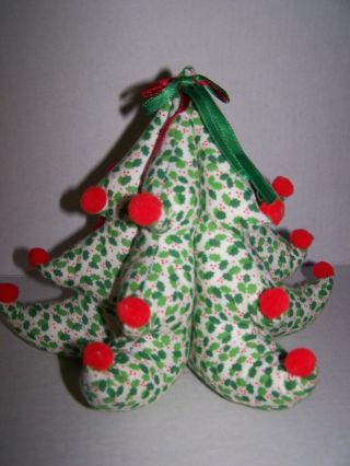 Vintage Stuffed Plush Fabric Print Christmas Tree Hand Made Holly Pompoms