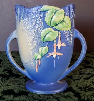 Antique Roseville 896 - 8 Blue & Fuchia Art Pottery Pillow Fan Flower Plant Vase