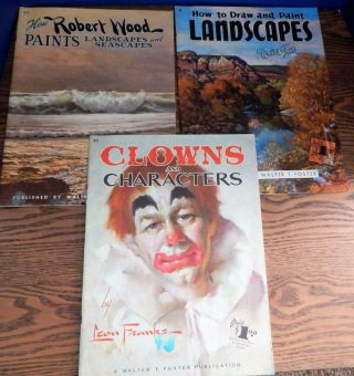 3 Vintage Art Instruction Books - Walter Foster - Clowns & Characters,  Landscapes