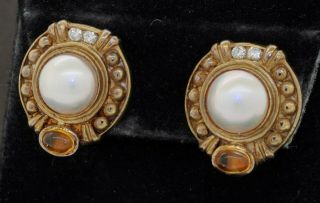 Vintage Heavy 14k Gold 1.  28ctw Vs Diamond/citrine & 10mm Mabe Pearl Earrings