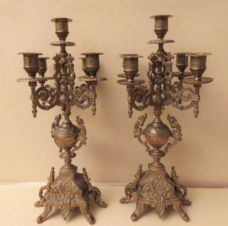Set Of Antique Italian Brevettato Baroque Brass Bronze Candelabra