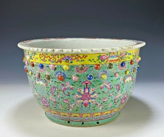 Large Unusual Antique Chinese Enameled Porcelain Planter Bowl With Lotus