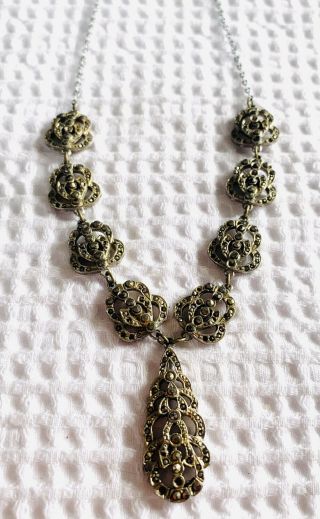 Vintage Art Deco Marcasite Gemstone Drop Necklace
