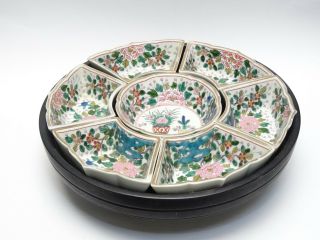 ANTIQUE CHINESE FAMILLE ROSE LAZY SUSAN CONDIMENT PLATTER BOWL TRAY 6