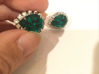 Vintage Signed Kramer Rhodium Emerald Green & Clear Gorgeous Earrings - Bridal