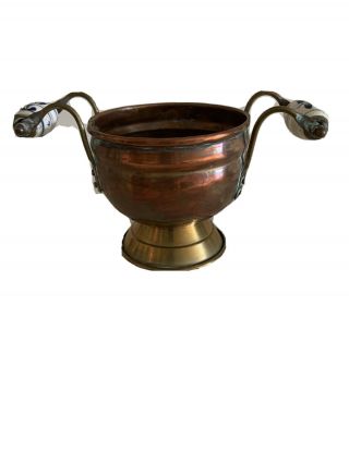 Vintage Copper And Brass Pot With Ceramic Handle Arts & Crafts Style 5 " Tall