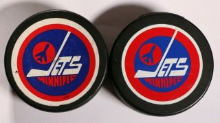 2 Vintage Winnipeg Jets Hockey Pucks Nhl General Tire Viceroy