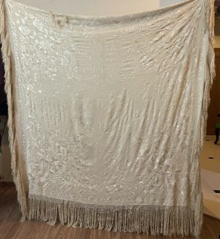 Antique Chinese Hand Embroidered Pure Silk Piano Shawl 160 X 160 Cm Fringe 30 Cm