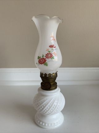 Vintage Miniature Hobnail Milk Glass Oil Lamp W/ Hand Painted Shade 8”