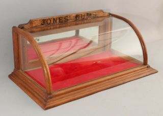 Antique 1920s Oak County Store Counter Jones Gum Curved Glass Display Case