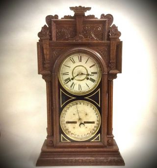Antique Waterbury Clock Co.  43 Double Dial Calendar Shelf Mantel Clock Aafa