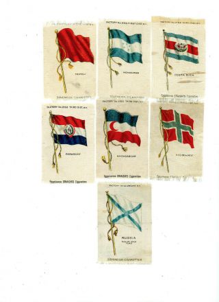 Seven C1912 Cigarette Silks Flags Egyptienne Straights & Sovereign Brands