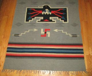 Vintage Early American Indian Navajo Southwest Chimayo Rug Blanket Thunderbird 3