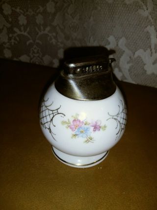 Vintage Ceramic Round Floral/gold Trim Table Cigarette Lighter (made In Japan)