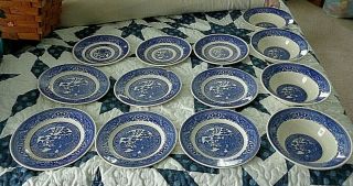 13 Pc Vintage Blue Willow 6 Dessert Plates 3 Saucers 4 Sm Bowls