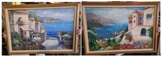 Two Italian Theme Framed Vintage Oil Paintings On Canvas Signed By M.  Harry