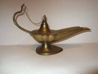 Vintage Solid Brass Etched Engraved Large Aladdin Genie Lamp Incense Burner
