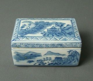 Vintage Oriental Trinket Box W/ Lid - Ironstone - Blue & White - 4 3/4 " L - L Rs