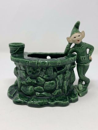 Vintage Mcm Treasure Craft Pixie Elf Green Wishing Well Planter