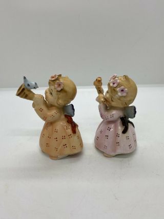 2 Vintage Lefton ' s Angel Porcelain Girl Figurine with flute & Horn 149 3