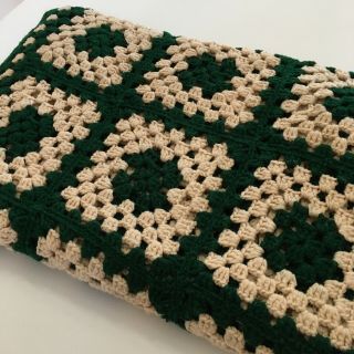 Vintage Hand Crocheted Afghan Blanket Handmade Granny Squares Green 48” X 62”