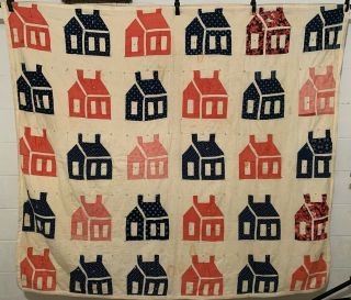 Antique Vintage Cotton Fabrics Late 1800s Early 1900s Schoolhouse Tied Quilt