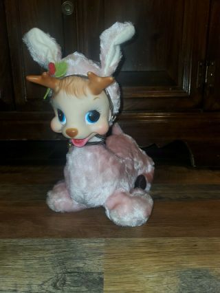 Vintage Rushton Rubber Face Plush Stuffed Pink Reindeer