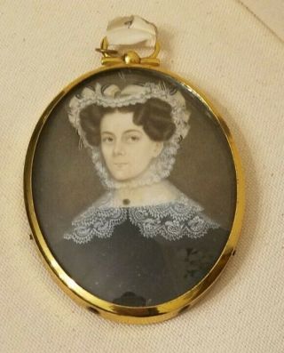 Framed Antique Miniature Portrait Painting Of A Lady Circa 1830