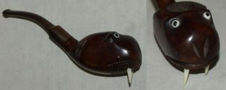 Vintage Hand Carved Briar Pipe Walrus With Glass Eyes - Made In Italy