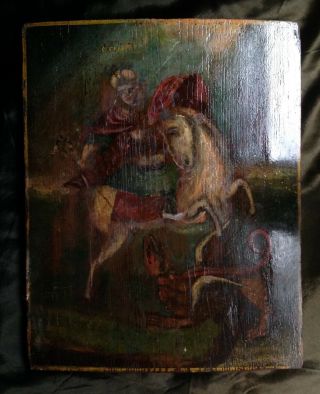 Antique Greek Icon Saint George And The Dragon Horse Oil Wood Panel Russian ?