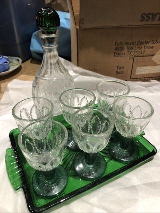 Vintage Decanter And 6 Glasses Avon 1980 Emerald Green Stems And Stopper