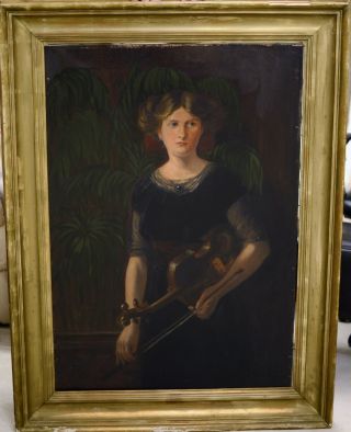 Fine Large Antique Early 20th Century Violinist Portrait Oil Painting Starmer