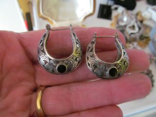 Vintage Sterling Silver Earrings 925 Hoops Scroll Filigree Black Onyx Large